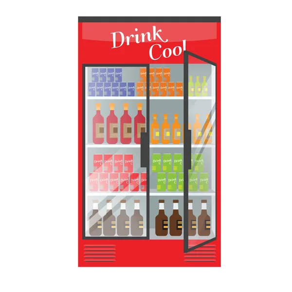 Buzdolabında süpermarket dava birden fazla içecekler ve meşrubatlar ile tam görüntülemek. Vektör Mockup tasarımınız için resimli. — Stok Vektör