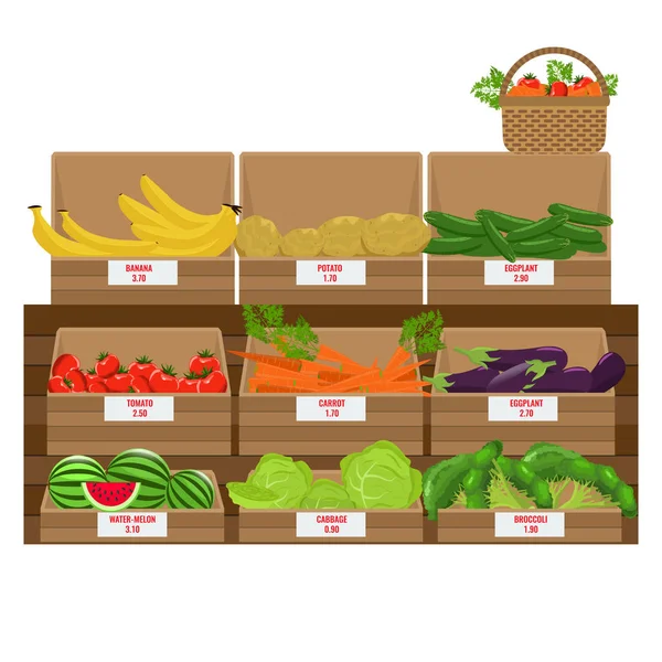 Étagères avec assortiment de légumes frais. Boîtes d'épicerie en bois. Vecteur illustré. Conception de couleur plate . — Image vectorielle