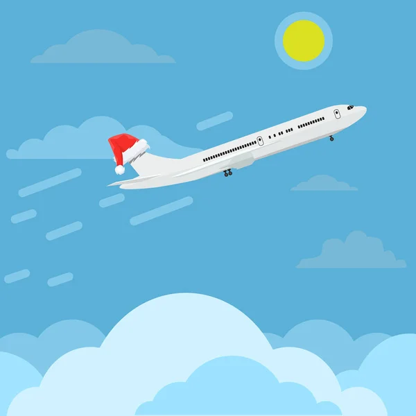 Avión con gorra Santa Claus o sombrero volando en el cielo. Diseño de anuncios conceptuales de viajes y navidad. ilustración . —  Fotos de Stock