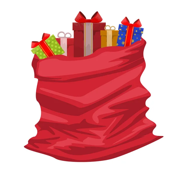 Julsäck med full av presentask. Santa claus säck eller väska med färgade presentförpackningar med tecknad stil. illustration. — Stockfoto