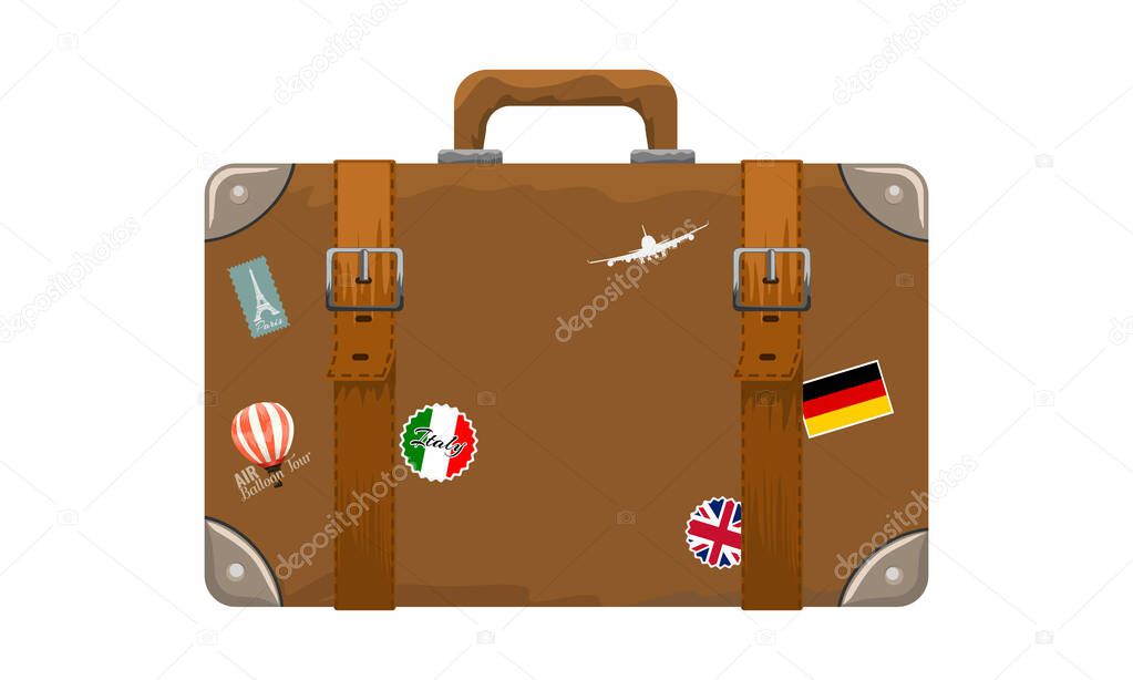 Old style vintage brown voyage suitcase with travel stickers hand drawn cartoon style. Vector illustration.