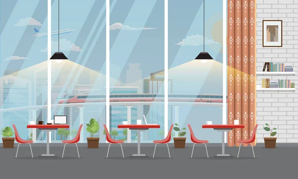 Nowoczesne wnętrza restauracji lub kawiarni z dużym oknem i krajobrazem miejskim. Ilustracja wektora. — Wektor stockowy