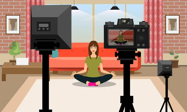 Młoda kobieta tworząca vlog lub bloggera wideo nagrywająca wideo na żywo na temat jogi lub koncepcji fitness w domu. Ilustracja wektora. — Wektor stockowy