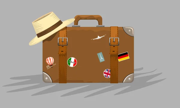 旅行のコンセプト広告デザインのためのステッカーと夏の帽子とヴィンテージスーツケース。ベクターイラスト — ストックベクタ