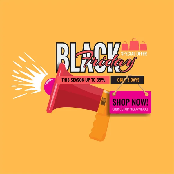 Super diseño de concepto de venta de viernes negro con cinta vintage y megáfono y bolsa de compras. Ilustración vectorial . — Vector de stock