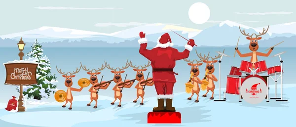 Weihnachtsmann und Rentiere mit Musikinstrumenten Neujahrskonzert des Weihnachtsorchesters in winterlicher Landschaft. Vektorillustration. — Stockvektor
