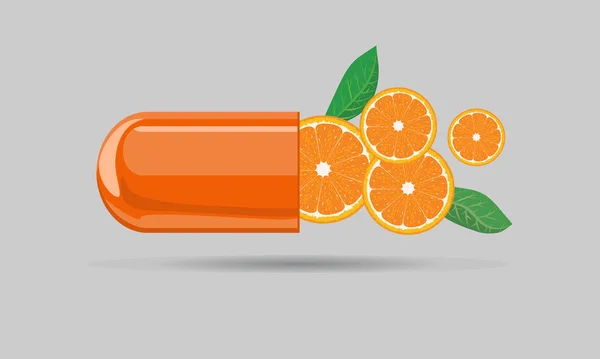 Capsule pill mock up with orange fruit and leaf for hand drawn cartoon style. Flat and solid color vector illustration. — ストックベクタ