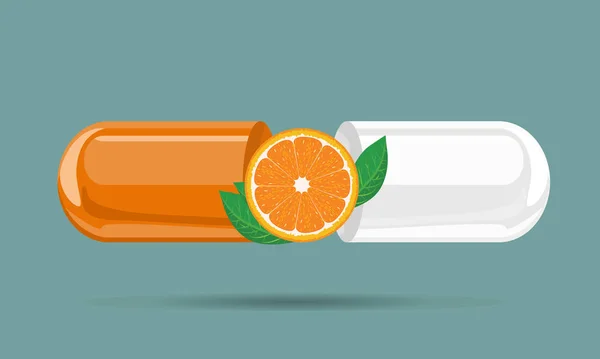 Kapselpille-Attrappe mit Orangenfrucht und Blatt für handgezeichneten Cartoon-Stil. flache und einfarbige Vektorabbildung. — Stockvektor