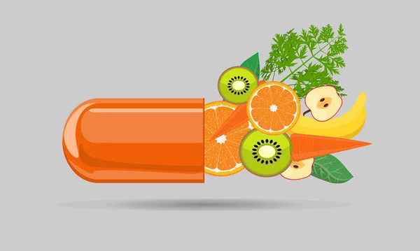 당신의 디자인을 위한 과일이 들어 있는 비타민 캡슐 알약. 벡터 일러스트. — 스톡 벡터