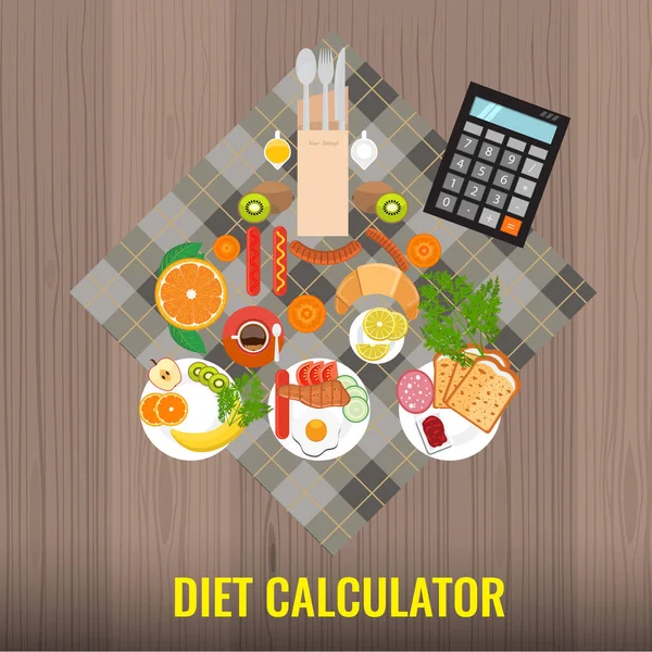 다이어트 계산기 개념. 아침 식사에 필요 한 칼로리를 계산하거나 계산 합니다. 벡터 일러스트. — 스톡 벡터