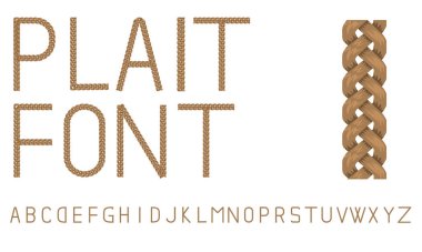 Örgü yazı tipi. Saç örgülerinden yapılan alfabe. Saç yazı tipi örgülü mektuplar. Vektör illüstrasyonu.