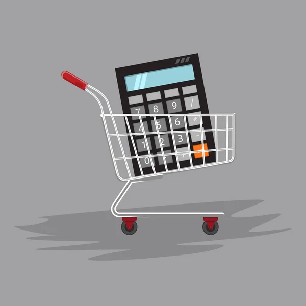 Gestionar contar o calcular sus compras. Calculadora en carrito de compras. Ilustración vectorial . — Archivo Imágenes Vectoriales