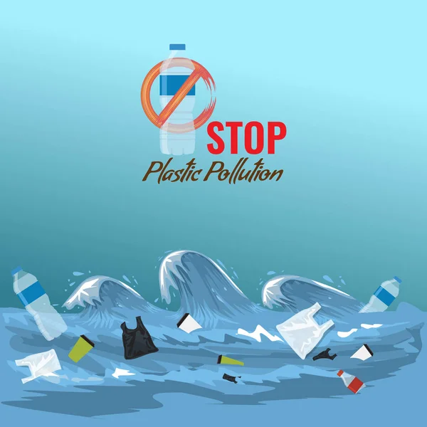 Stop Ocean plastic pollution concept. Пластиковые мусорные бутылки в океане морских волн. Векторная иллюстрация . — стоковый вектор