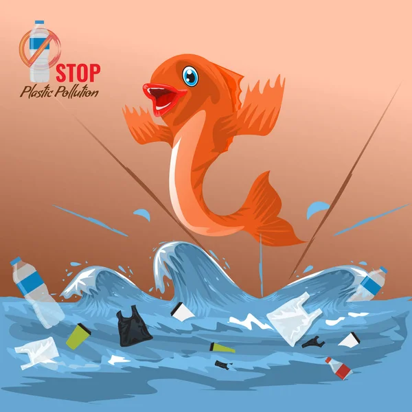 Stop ocean plastic pollution concept with fish character. Plastic garbage bottles in the ocean sea waves. Vector illustration. — 스톡 벡터