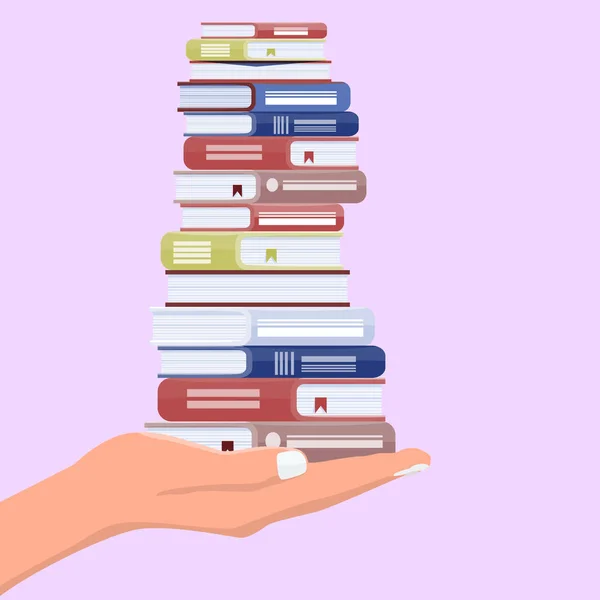 Hand met stapel boeken. Aanbod om te lezen of te leren, onderwijs en opleiding concept. Vectorillustratie. — Stockvector