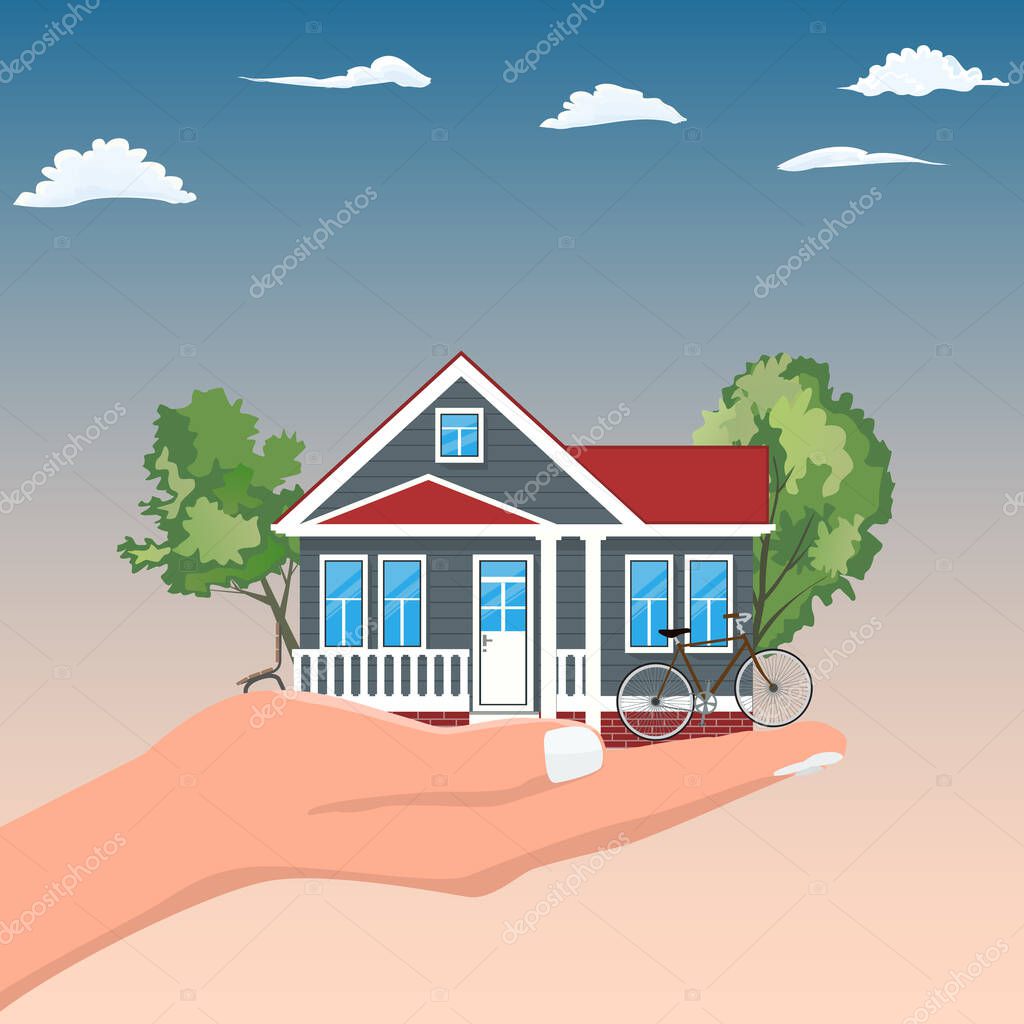 Woman Hand Holding House for real estate offer concept design. Flat and solid color vector illustration.