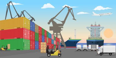 Yük konteynırları bir liman iskelesinde. Yüksek detaylı kargo gemileri, arabalar ve forklift araçları. Düz Vektör illüstrasyonu.