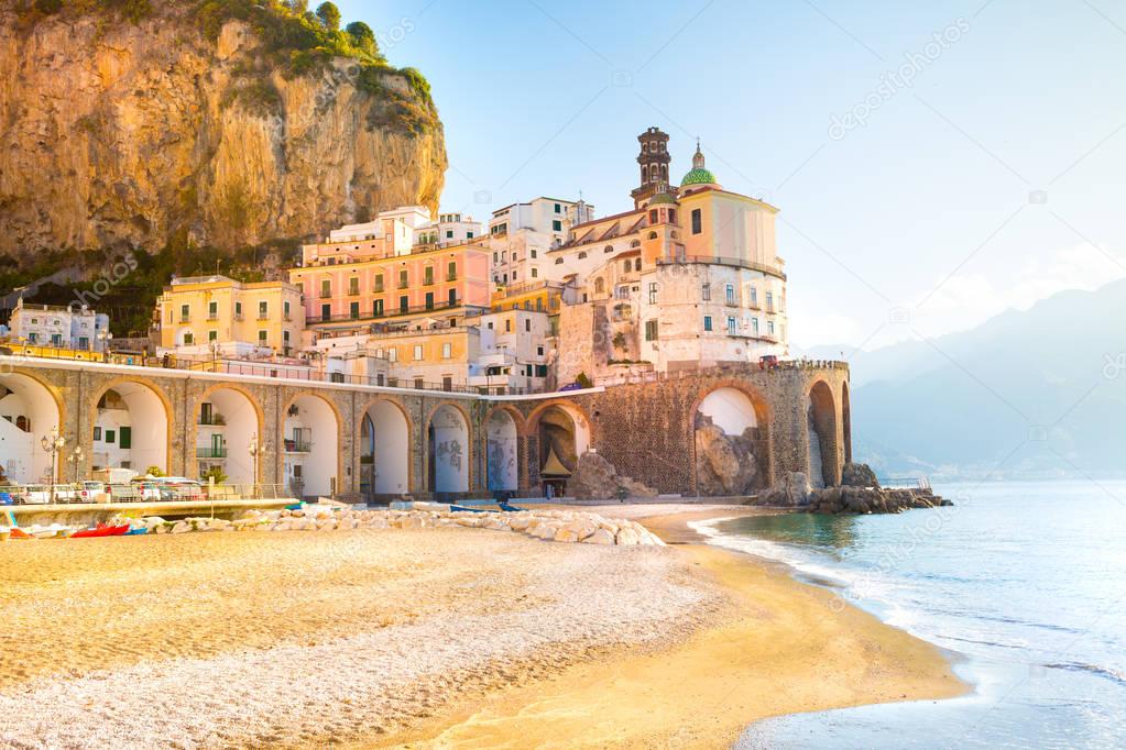 Morning view of Amalfi cityscape on coast line of mediterranean sea