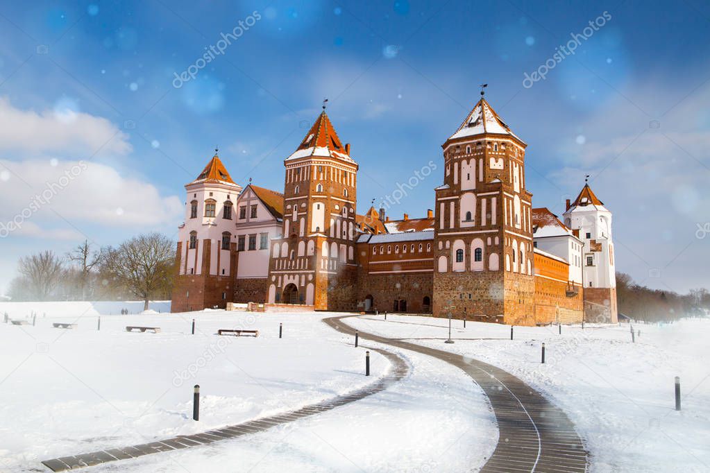 The winter panorama of the Mir Castle Complex, Minsk Region, Belarus