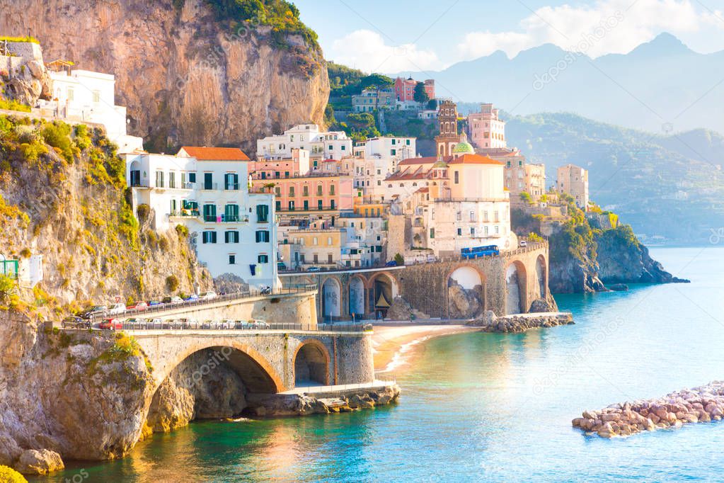 Amalfi cityscape on coast line of mediterranean sea, Italy