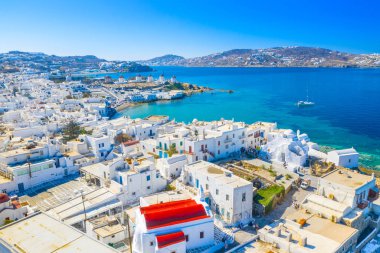 Mykonos kasabasının panoramik manzarası, Cyclades adaları, Yunanistan