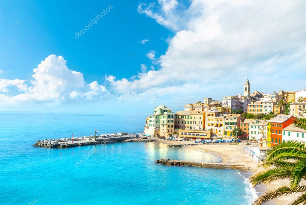 View of Bogliasco. Bogliasco is a ancient fishing village in Italy, Genoa, Liguria. Mediterranean Sea, sandy beach and architecture of Bogliasco town.