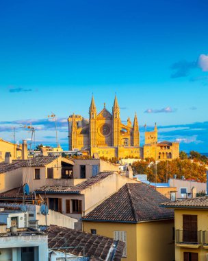Palma de Majorca 'nın panoramik manzarası, Mallorca Balearic Adaları, Akdeniz. İspanya