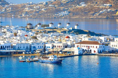 Mykonos kasabasının panoramik manzarası, Cyclades adaları, Yunanistan