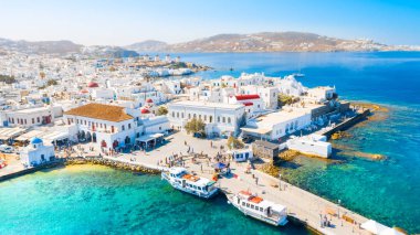 Mykonos kasabasının panoramik manzarası, Cyclades adaları, Yunanistan