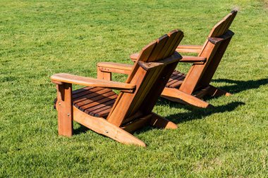 Sola bakan bir çim Adirondack sandalye bir çift. 
