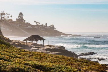 Windansea Beach, La Jolla, Kaliforniya sisli sabahı ikonik sörfçü kulübesi ile.