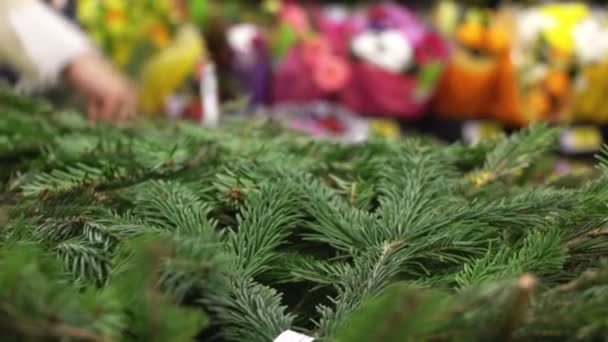 Konzept Weihnachtseinkauf. Kauf von Zweigen Weihnachtsbaum in Verbrauchermarkt — Stockvideo