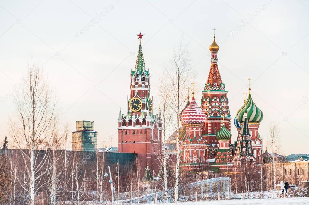 View of the St. Basil's Cathedral and Spasskaya tower of the Moscow Kremlin from the Park Zaryadye in winter
