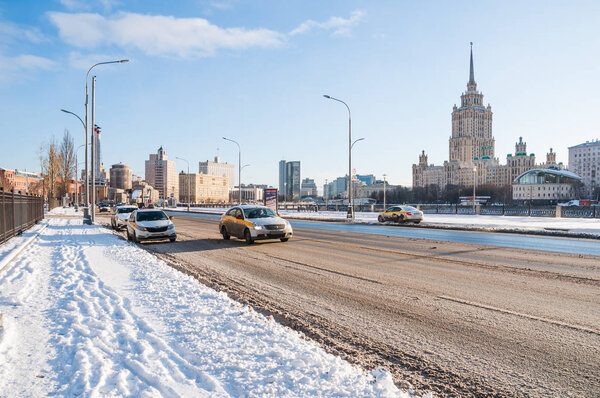 MOSCOW, RUSSIA - January 23, 2020: Krasnopresnenskaya embankment in winter sunny day