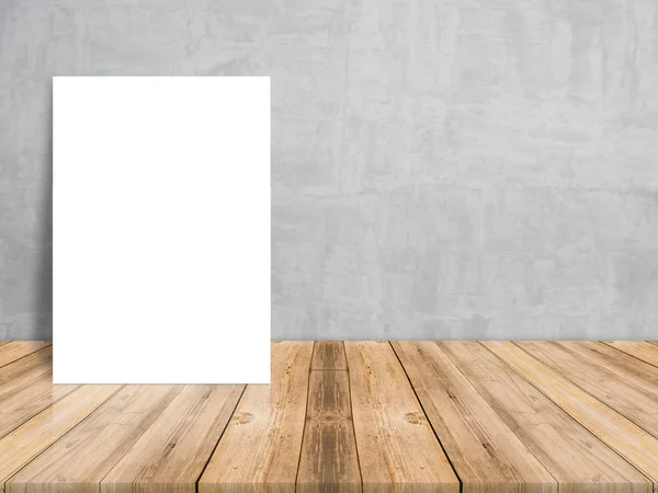 Blank white paper poster on plank wooden floor and concrete wall, Template mock up for adding your content,leave side space for display of product — Stock fotografie