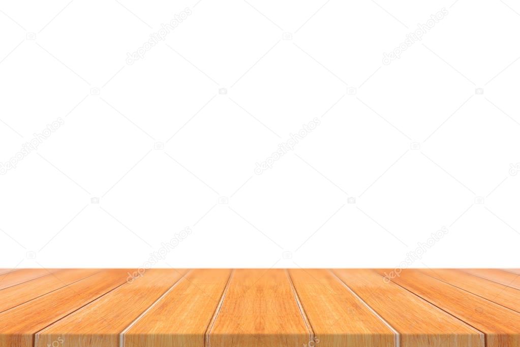 Empty light wooden board table top isolated on white background.  Perspective brown wood table isolated on