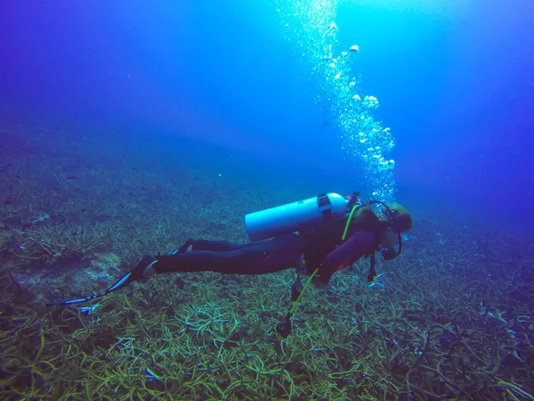 Selfie subacqueo di immersioni con bastone selfie. Mare blu profondo. Colpo grandangolare . — Foto Stock