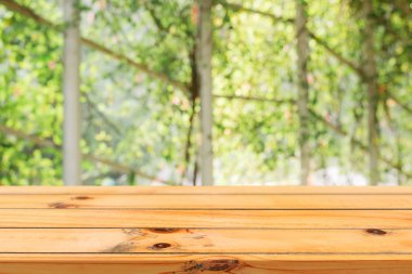 Ahşap Pano boş tablo önünde arka plan bulanık. Bulanıklık ağaçları orman arka planda - üzerinde perspektif kahverengi ahşap masa-ebilmek var olmak kullanılmış için görüntü alay ya da ürün montaj. bahar mevsimi.