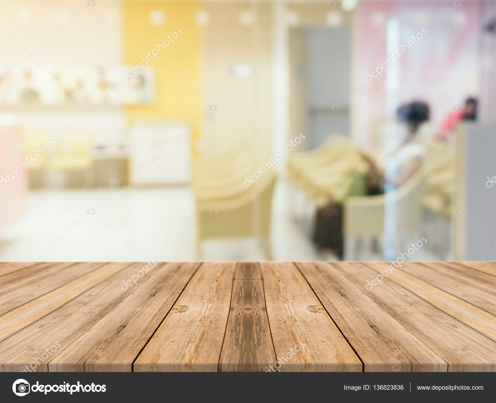 Wooden board empty table in front of blurred background. Perspective