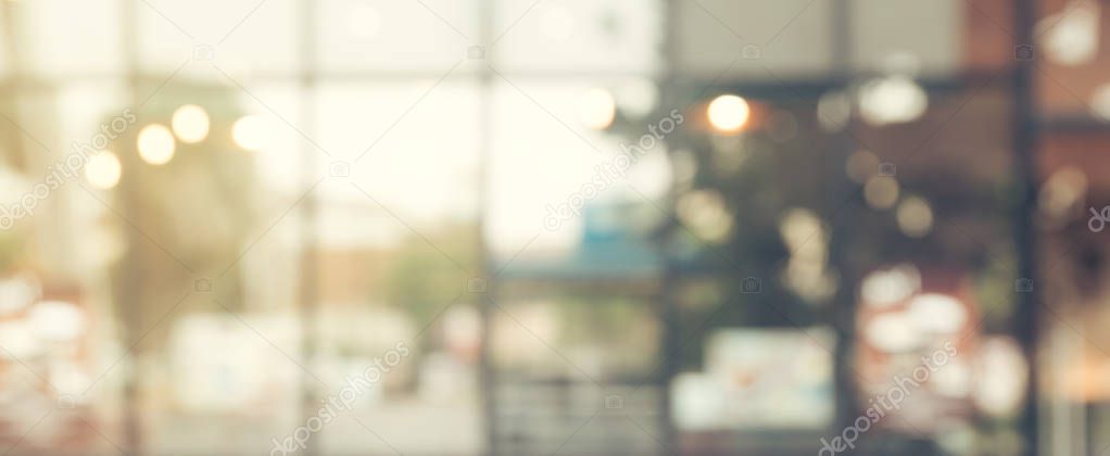 Blurred background - Coffee shop in garden blur background with bokeh. Vintage filtered image. Panoramic banner.