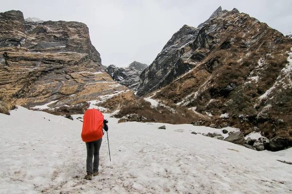 Man with backpack trekking in mountains. Cold weather, snow on hills. Winter hiking. Vintage effect style pictures.