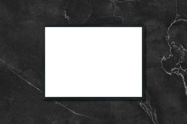 Mock up blank poster picture frame hanging on black mramor wall in room - can be used mokup for montage products display and design key visual layout. — Stock fotografie