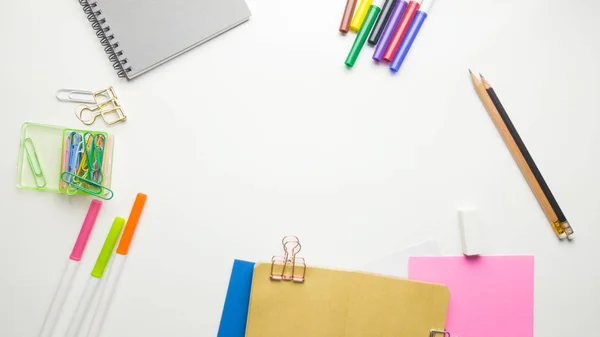 Minimal work space - Creative flat lay photo of workspace desk with sketchbook and wooden pencil on copy space white background. Top view , flat lay photography.