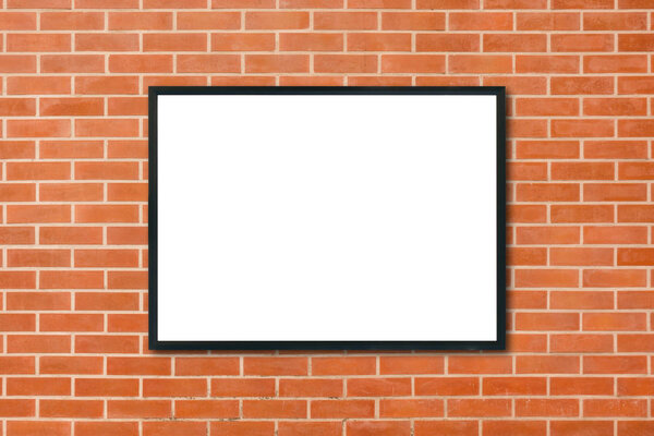 Mock up blank poster picture frame hanging on red brick wall background in room - can be used mock up for montage products display and design key visual layout. Mock up poster in interior background.