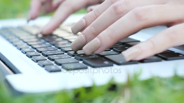 Jóvenes asiáticas piernas de mujer en la hierba verde con portátil abierto . — Vídeos de Stock