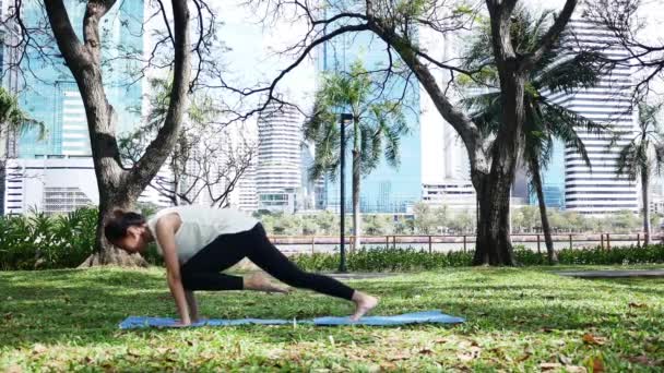 Young Asian Woman Yoga Outdoors Keep Calm Meditates While Practicing — Stock Video