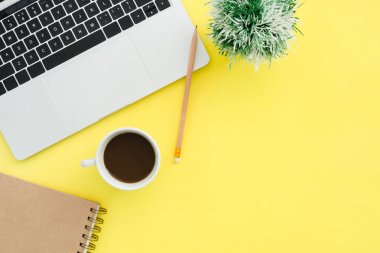 En az çalışma alanı - yaratıcı düz fotoğraf çalışma masası yatıyordu. Üstten Görünüm ofis büro dizüstü bilgisayar, dizüstü bilgisayarlar ve kahve fincanı pastel renk arka plan üzerinde. Kopya alanı, düz yatıyordu fotoğraf ile Üstten Görünüm.