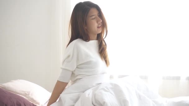 Slow Motion Happy Beautiful Young Asian Woman Waking Morning Sitting — Stock Video