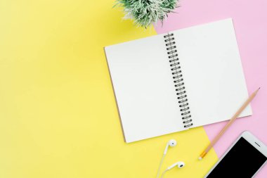 Yaratıcı düz fotoğraf çalışma masası yatıyordu. Üstten Görünüm ofis büro dizüstü bilgisayarlar, bitki, ile alay pastel renk arka plan üzerinde telefon, kulaklık ve Kopyala yer. Kopya alanı, düz yatıyordu fotoğraf ile Üstten Görünüm