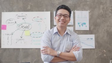 Modern ofis işyerinde kollarını kavuşturarak kameraya bakıp gülümseyen başarılı, yakışıklı yönetici iş adamının portresi. Çağdaş çalışma alanında duran genç Asyalı adam..